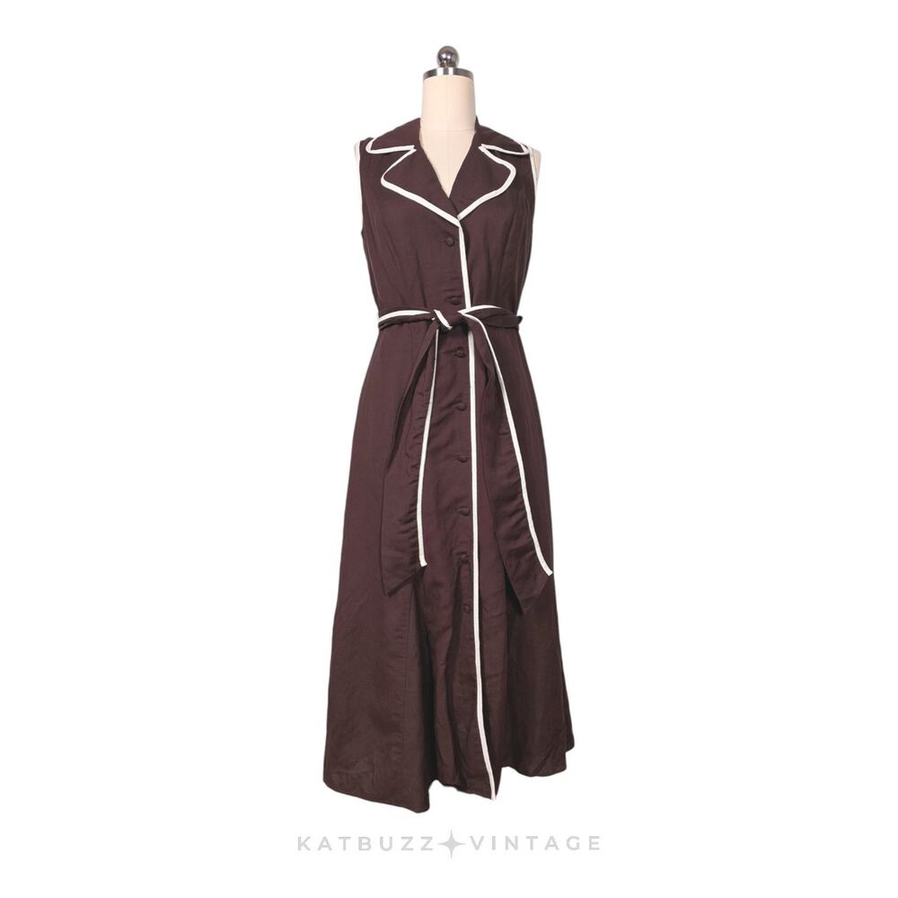 Coldwater Creek Maxi Shirt Dress 10 Brown Cream Linen Y2K Classic Sleeveless